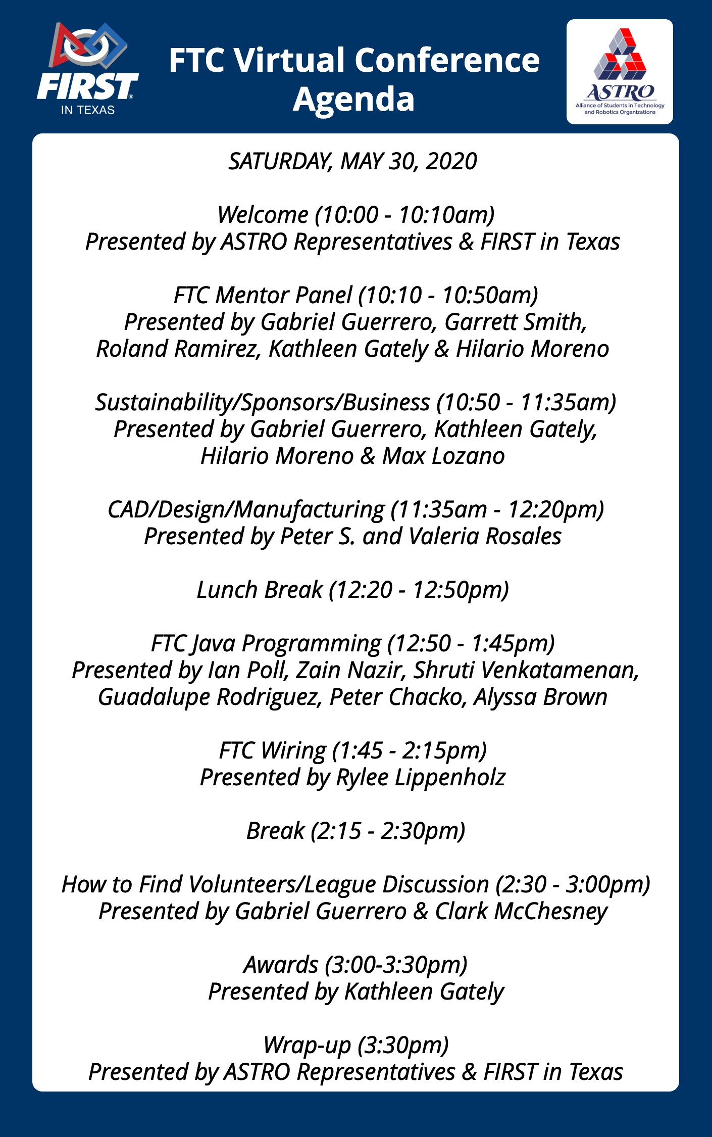 Agenda for FIRST Tech Challenge Virtual Conference by ASTRO & FIRST in Texas