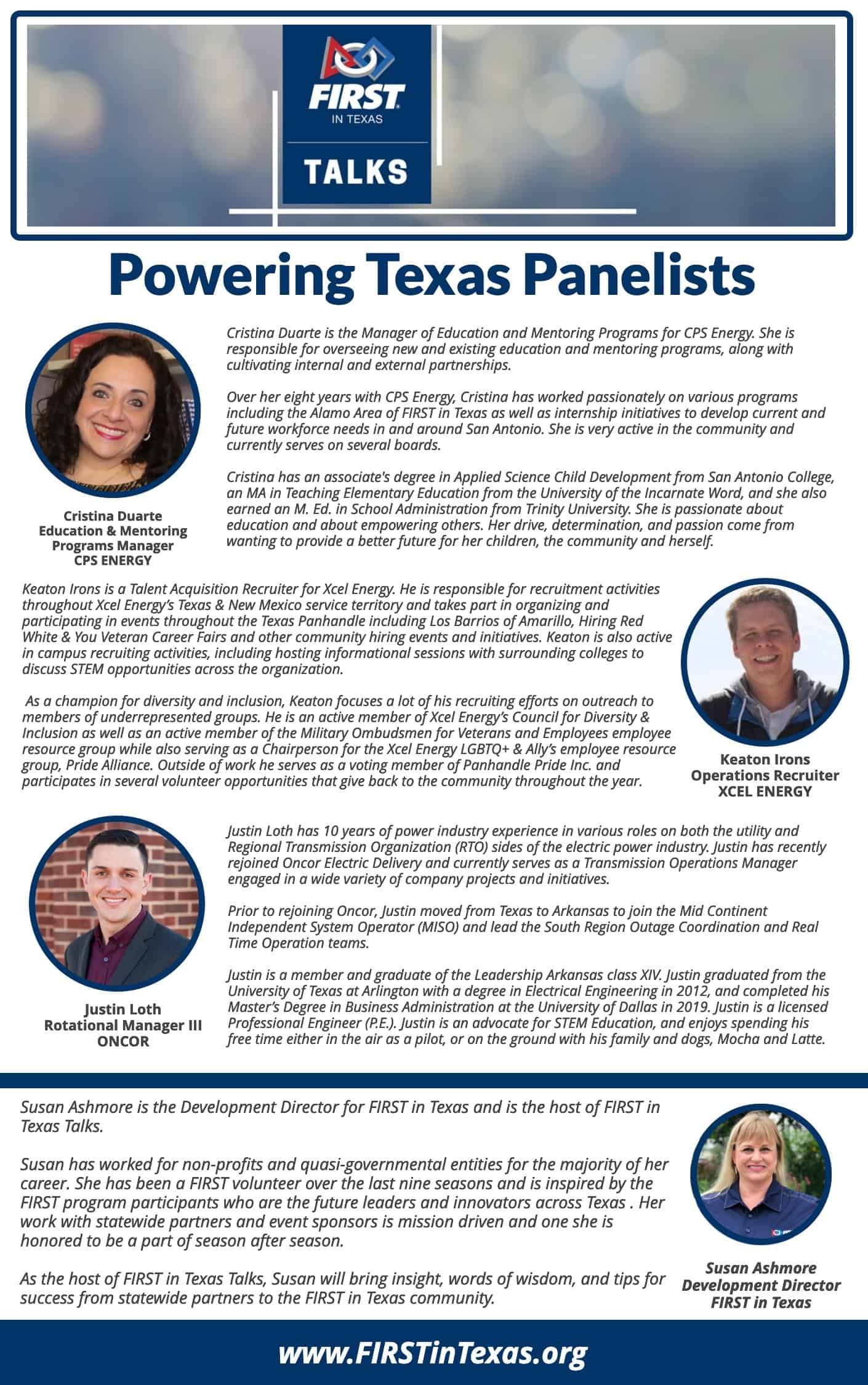 FIRST in Texas Talks Panelist Program - Cristina Duarte of CPS Energy Keaton Irons of Xcel Energy Justin Loth of Oncor