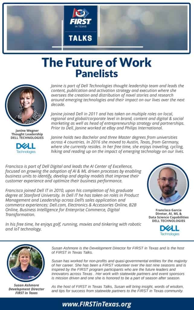 Future of Work panelist program with speaker bio and photos for FIRST in Texas Talks with Dell Technologies
