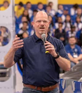 Patrick Felty Executive Director FIRST in Texas Opening Ceremony Remarks at Austin FRC District 2019 event photo by Dave Wilson